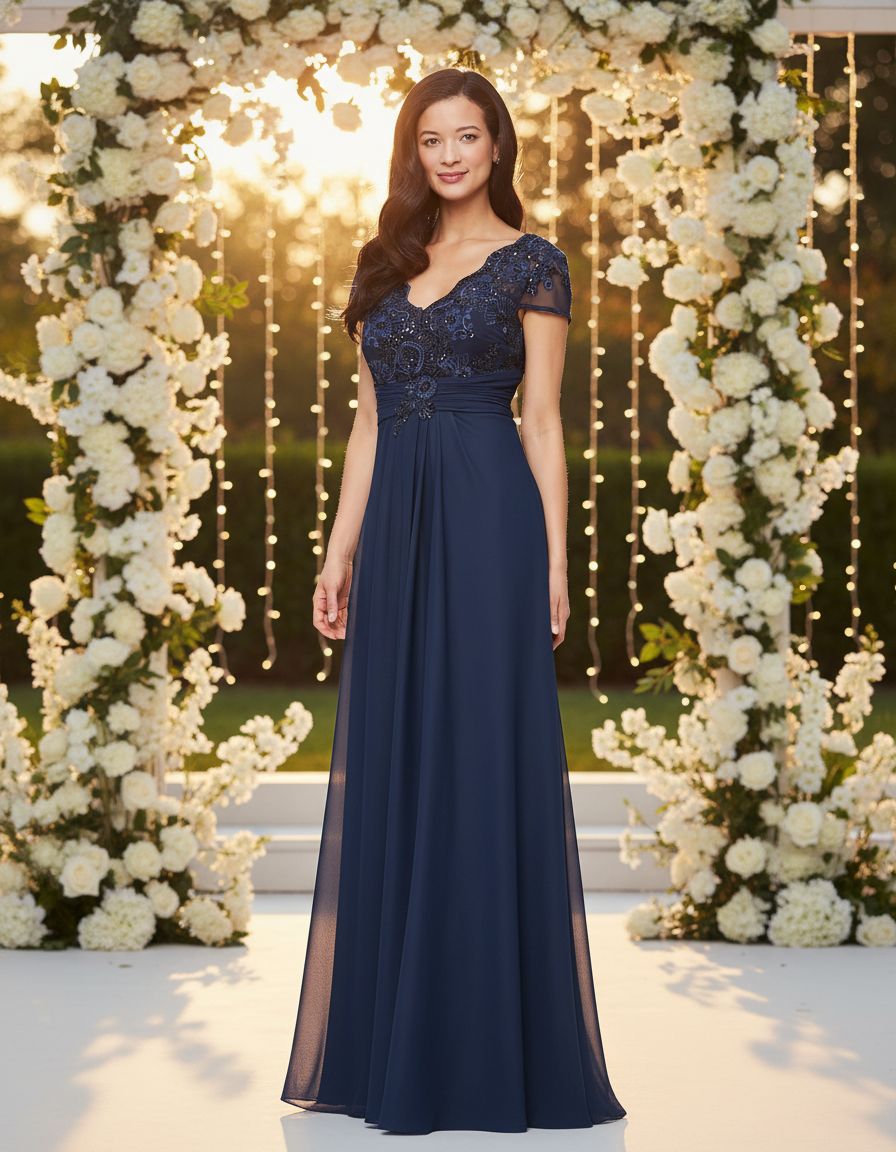 Stretch sequin bodice empire waist long gown in [color] for formal wedding events, shown in [petite/regular] size — view 6