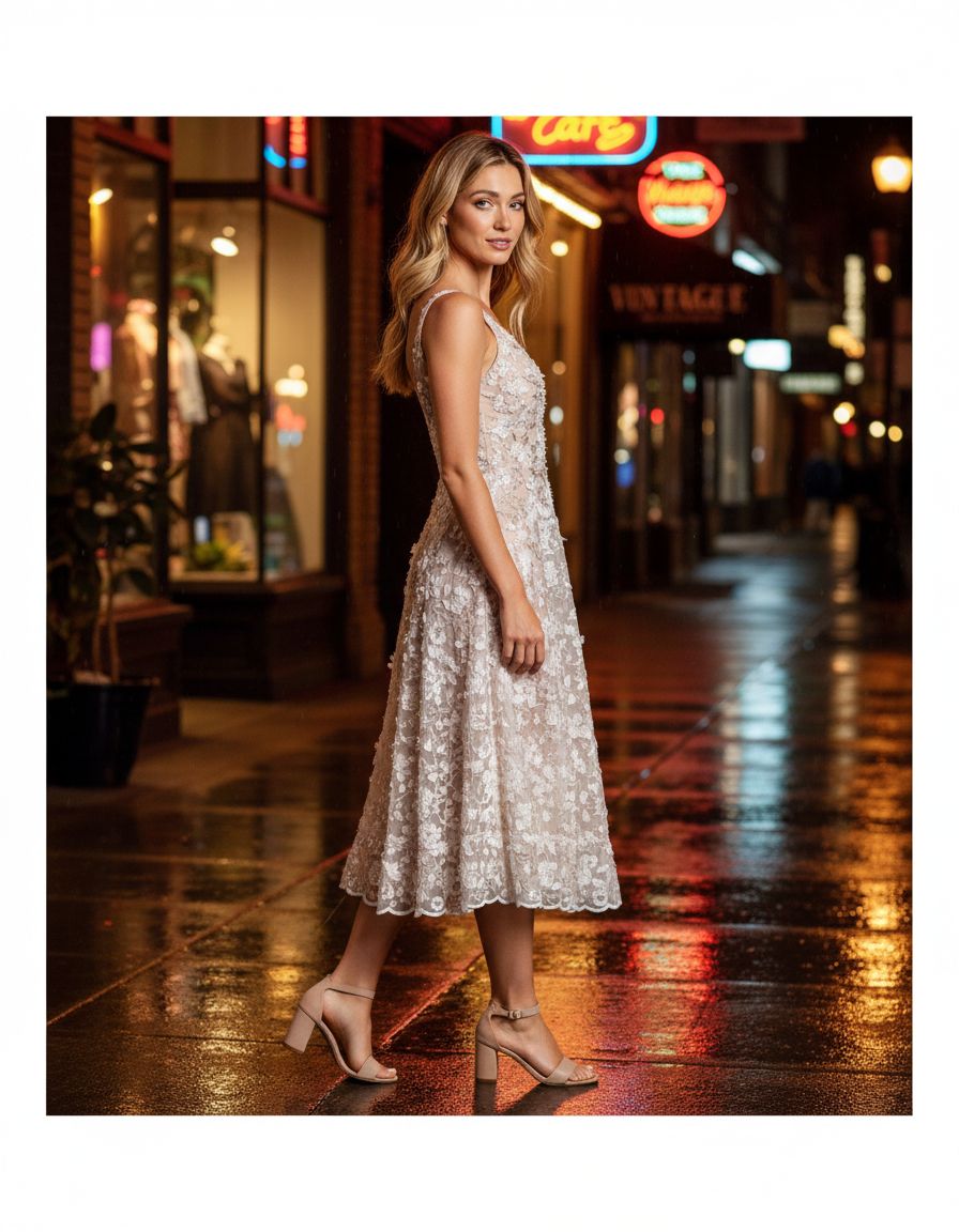 Sleeveless plunge neckline fit and flare midi dress in [color], styled for [date night/casual/party occasion] — view 5b