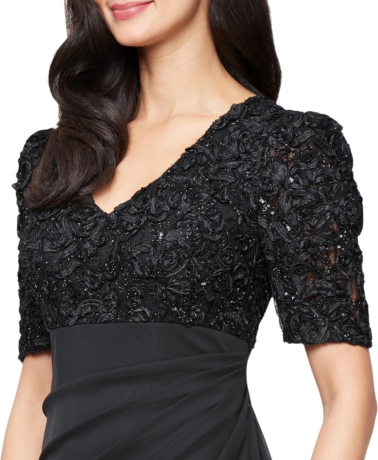 Women's sequin bodice wedding guest dress in [color] with V-neckline, empire waist, and stretch fabric, shown on [model type] — view 4