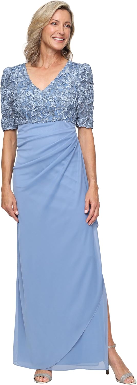 Women's sequin bodice wedding guest dress in [color] with V-neckline, empire waist, and stretch fabric, shown on [model type] — view 3
