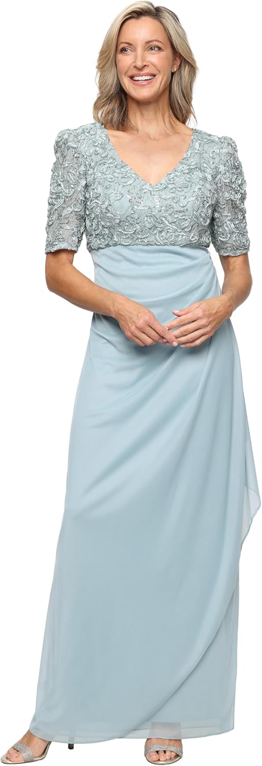 Women's sequin bodice wedding guest dress in [color] with V-neckline, empire waist, and stretch fabric, shown on [model type] — view 4