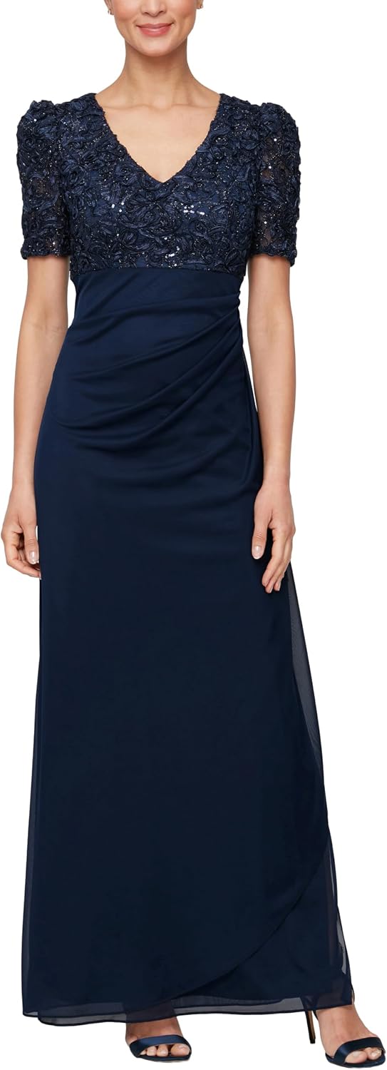 Women's sequin bodice wedding guest dress in [color] with V-neckline, empire waist, and stretch fabric, shown on [model type] — view 5