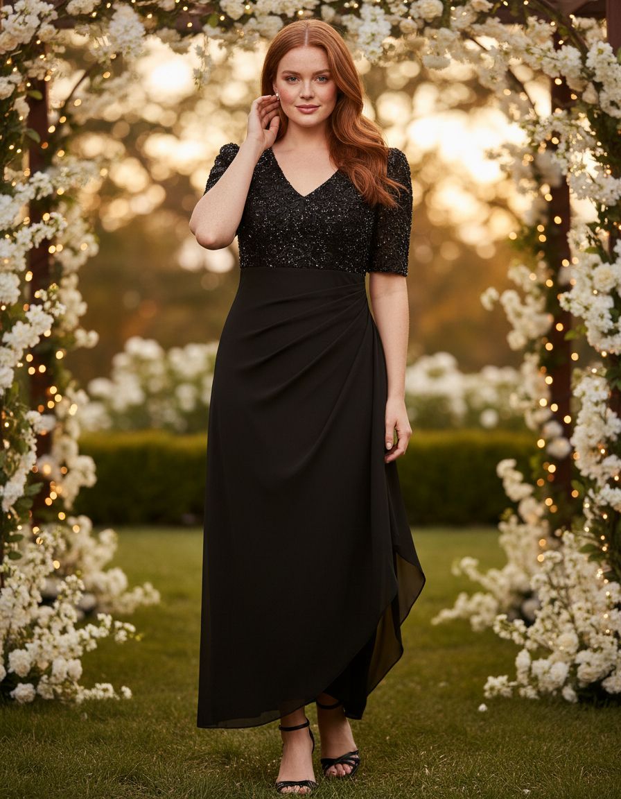 Women's sequin bodice wedding guest dress in [color] with V-neckline, empire waist, and stretch fabric, shown on [model type] — editorial hero