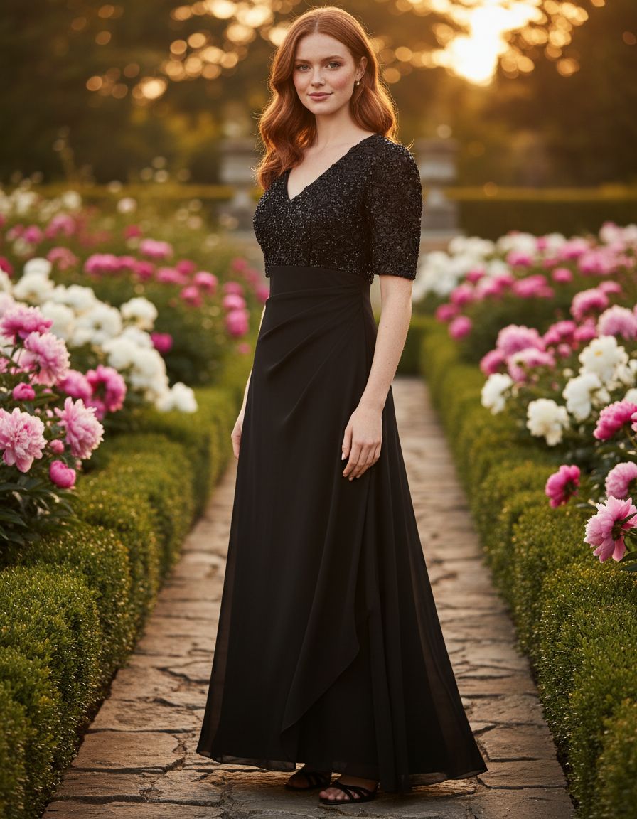 Women's sequin bodice wedding guest dress in [color] with V-neckline, empire waist, and stretch fabric, shown on [model type] — view 3b