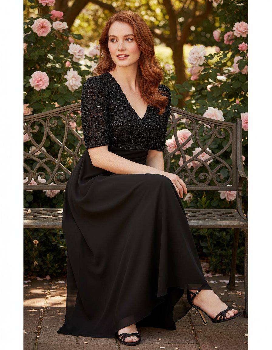 Women's sequin bodice wedding guest dress in [color] with V-neckline, empire waist, and stretch fabric, shown on [model type] — view 2