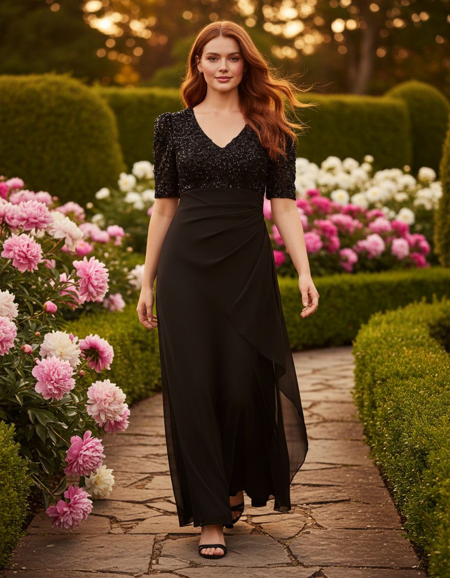Women's sequin bodice wedding guest dress in [color] with V-neckline, empire waist, and stretch fabric, shown on [model type] — view 3a
