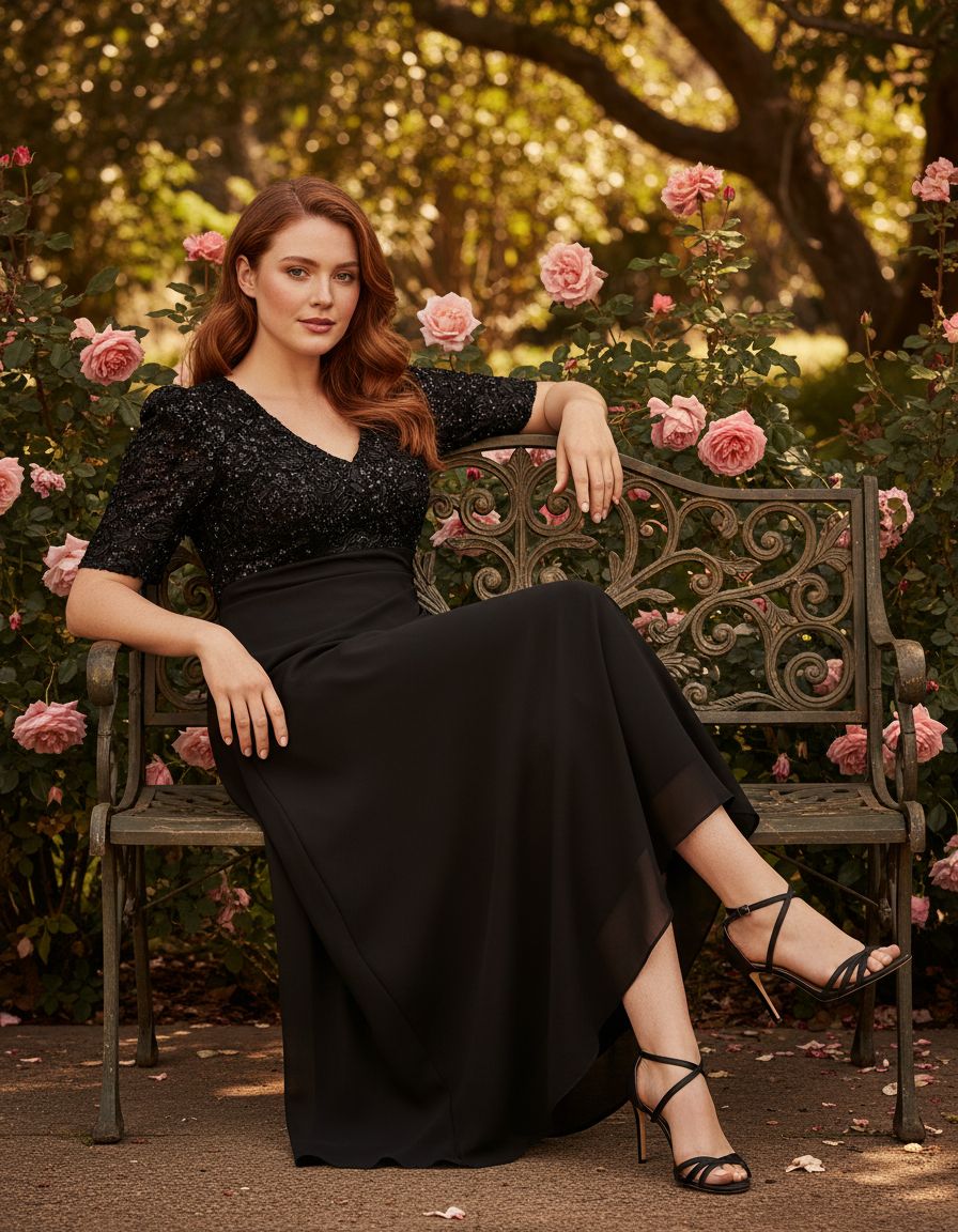 Women's sequin bodice wedding guest dress in [color] with V-neckline, empire waist, and stretch fabric, shown on [model type] — view 4