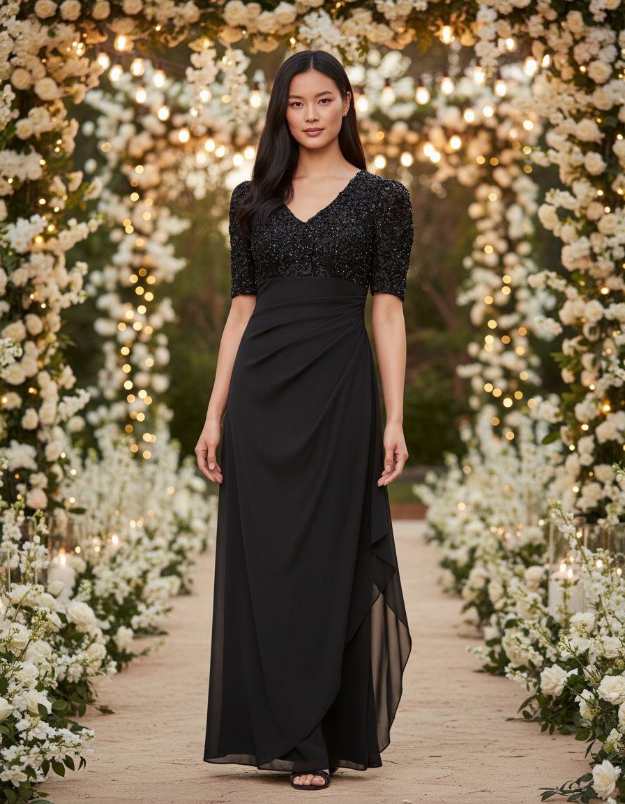 Women's sequin bodice wedding guest dress in [color] with V-neckline, empire waist, and stretch fabric, shown on [model type] — view 6