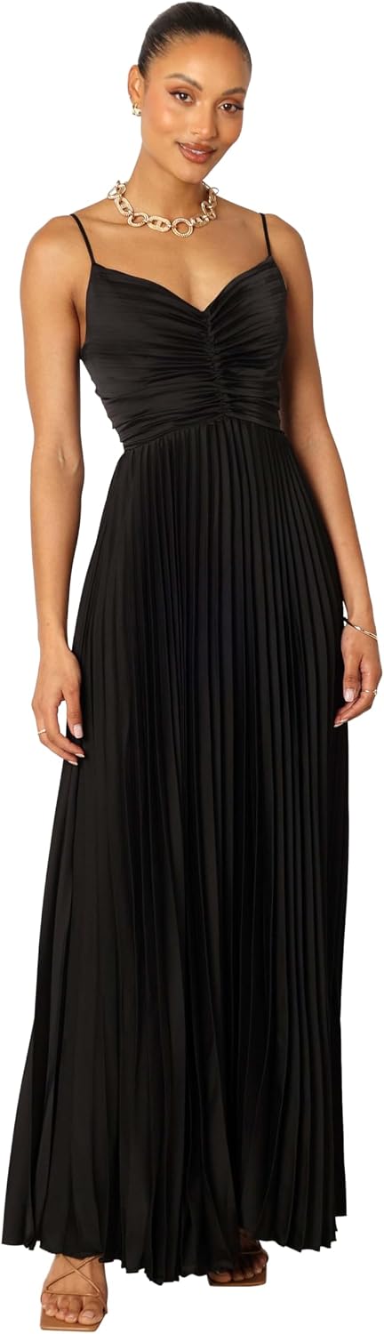 Pleated maxi dress in [color] worn as wedding guest outfit — view 1