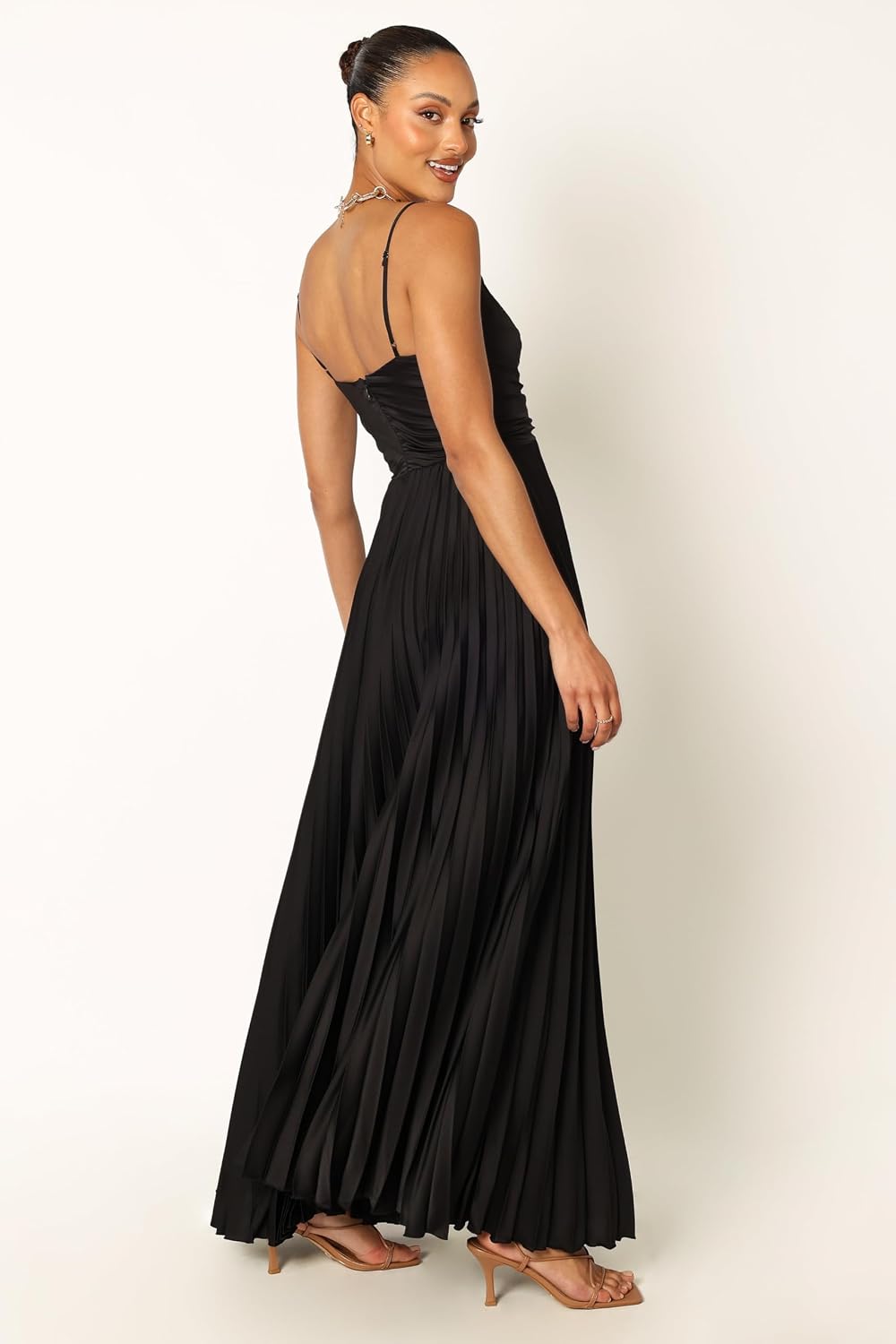 Pleated maxi dress in [color] worn as wedding guest outfit — view 2