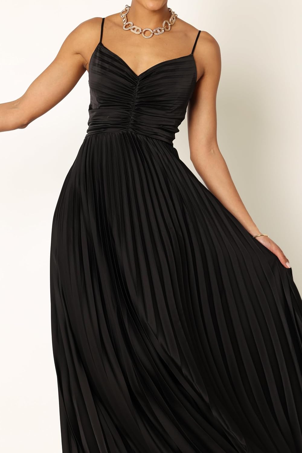 Pleated maxi dress in [color] worn as wedding guest outfit — view 2