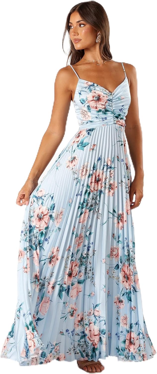 Pleated maxi dress in [color] worn as wedding guest outfit — view 4
