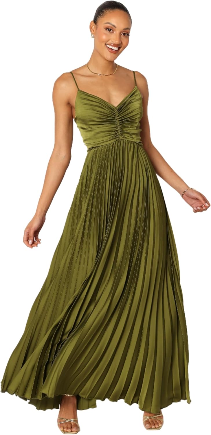 Pleated maxi dress in [color] worn as wedding guest outfit — view 5