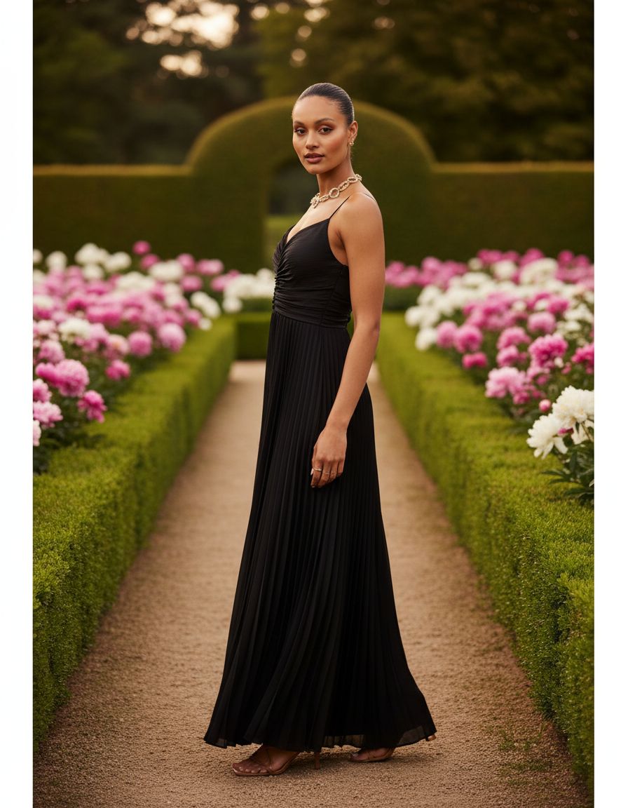 Pleated maxi dress in [color] worn as wedding guest outfit — view 5b