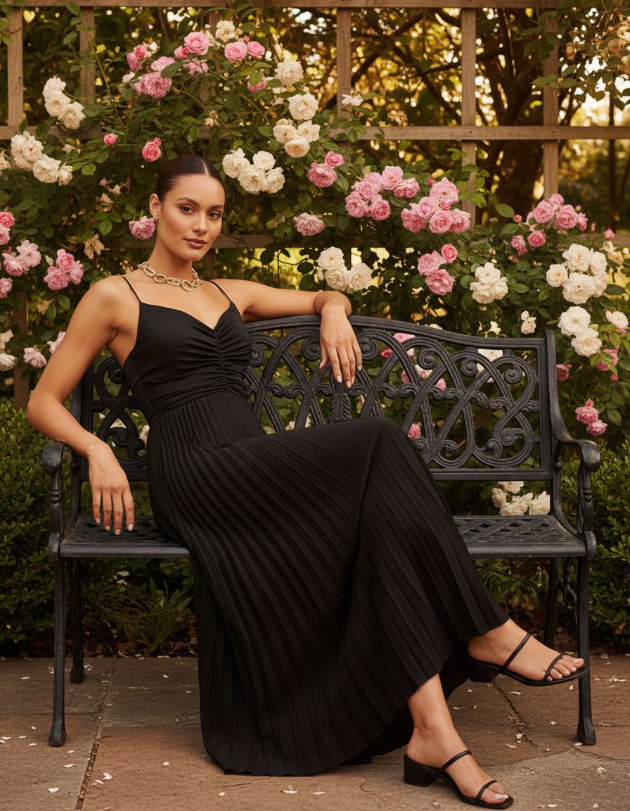 Pleated maxi dress in [color] worn as wedding guest outfit — view 4