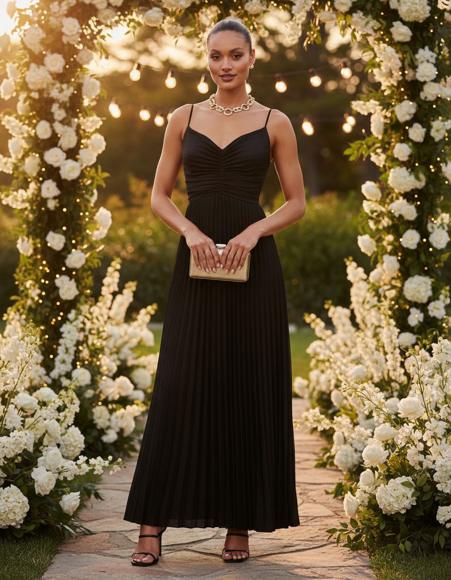 Pleated maxi dress in [color] worn as wedding guest outfit — view 5a