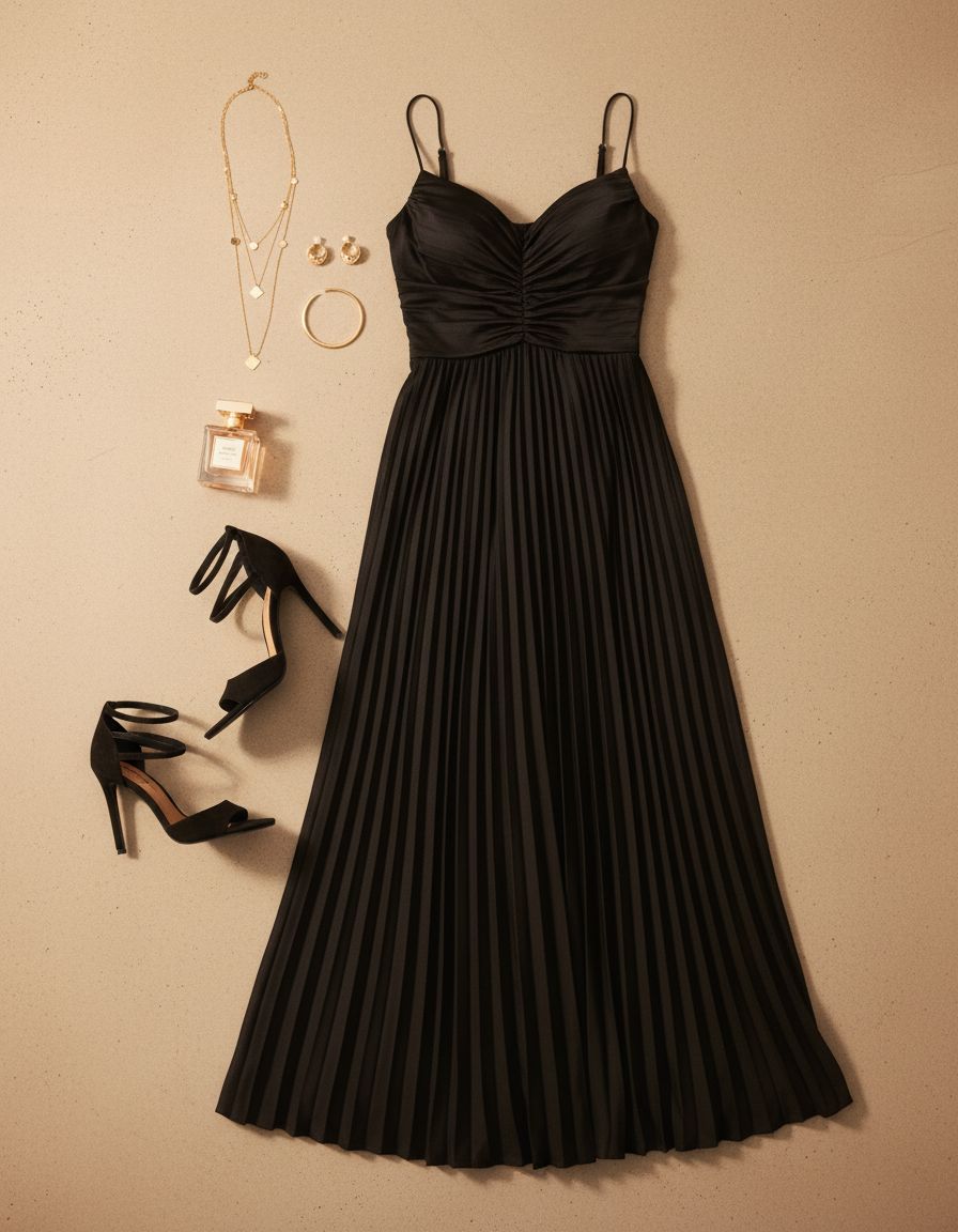 Pleated maxi dress in [color] worn as wedding guest outfit — view 7a