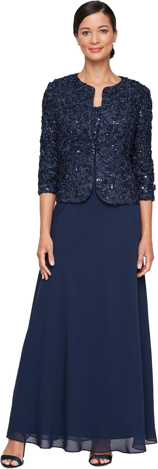 Women's two-piece mother of the bride dress with lace jacket in [color], featuring empire waist design for formal wedding guest occasions — view 1