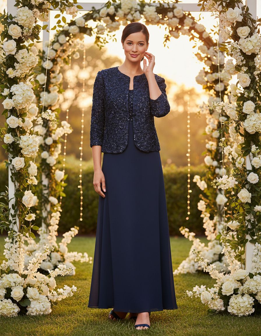 Women's two-piece mother of the bride dress with lace jacket in [color], featuring empire waist design for formal wedding guest occasions — editorial hero