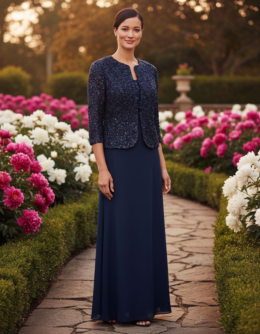 Women's two-piece mother of the bride dress with lace jacket in [color], featuring empire waist design for formal wedding guest occasions — view 3b