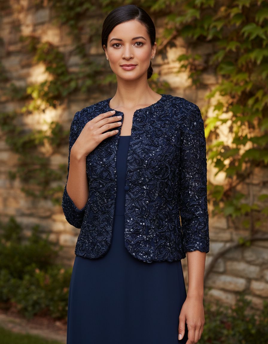 Women's two-piece mother of the bride dress with lace jacket in [color], featuring empire waist design for formal wedding guest occasions — view 7b