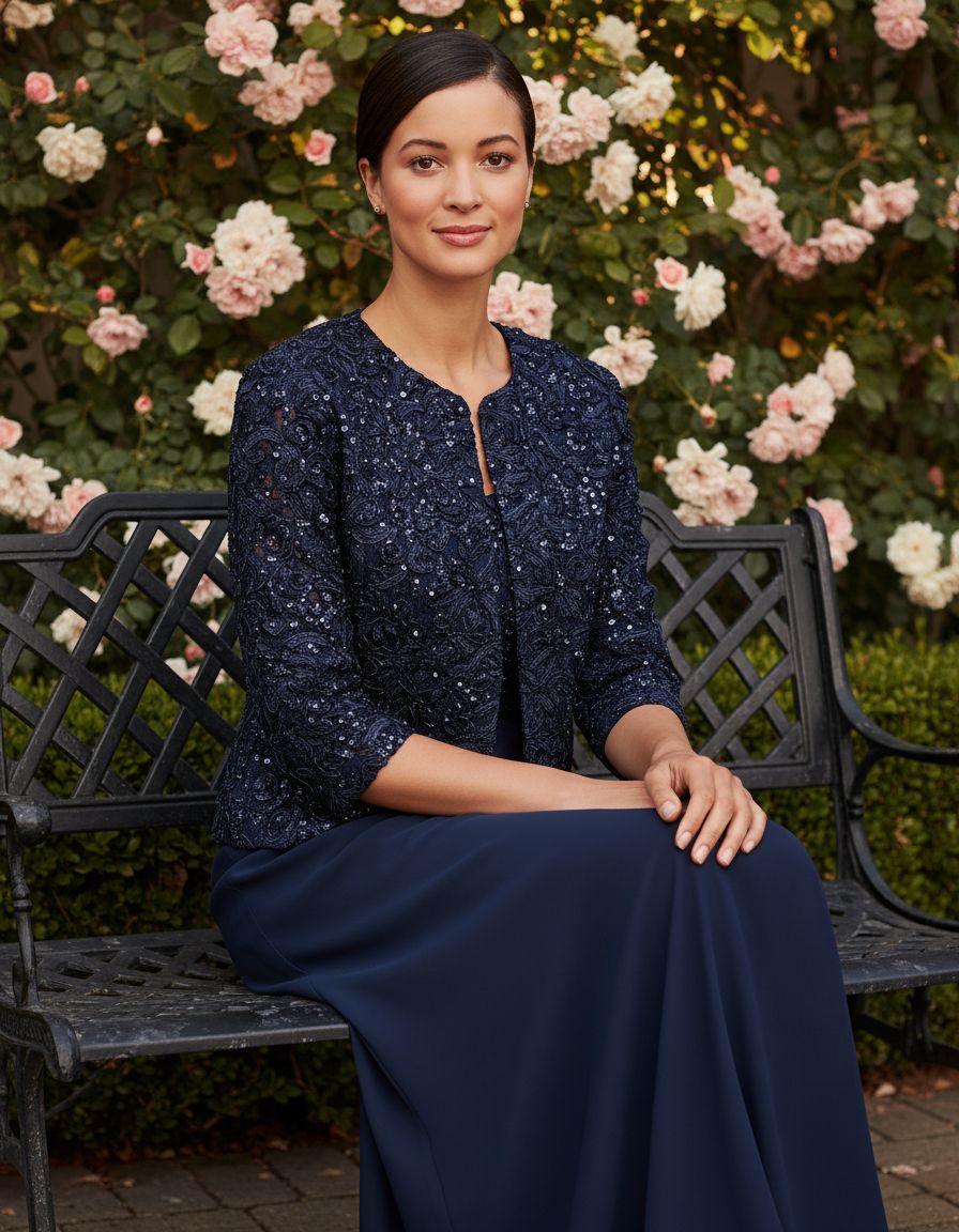 Women's two-piece mother of the bride dress with lace jacket in [color], featuring empire waist design for formal wedding guest occasions — view 2