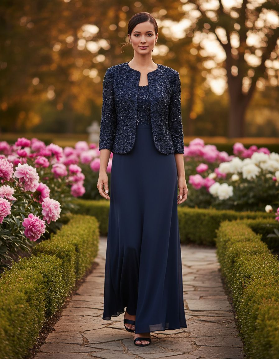 Women's two-piece mother of the bride dress with lace jacket in [color], featuring empire waist design for formal wedding guest occasions — view 3a