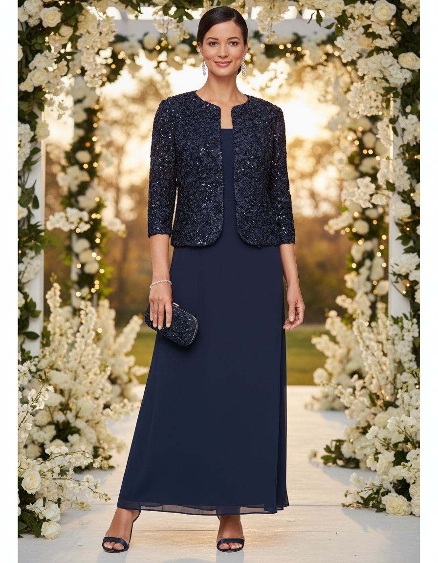 Women's two-piece mother of the bride dress with lace jacket in [color], featuring empire waist design for formal wedding guest occasions — view 5a