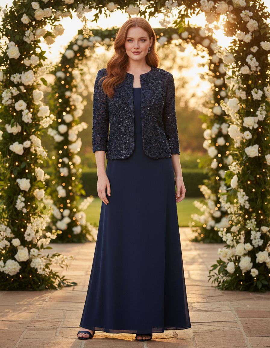 Women's two-piece mother of the bride dress with lace jacket in [color], featuring empire waist design for formal wedding guest occasions — view 6