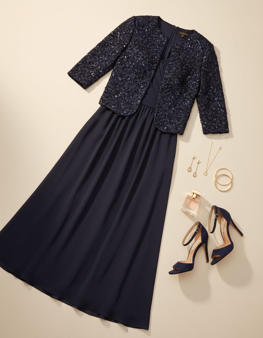 Women's two-piece mother of the bride dress with lace jacket in [color], featuring empire waist design for formal wedding guest occasions — view 7a