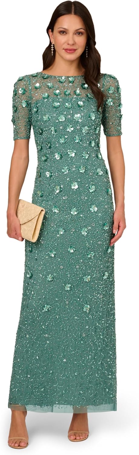 Beaded 3D floral long dress in [color] with romantic detailing, styled for wedding guest occasions — view 4