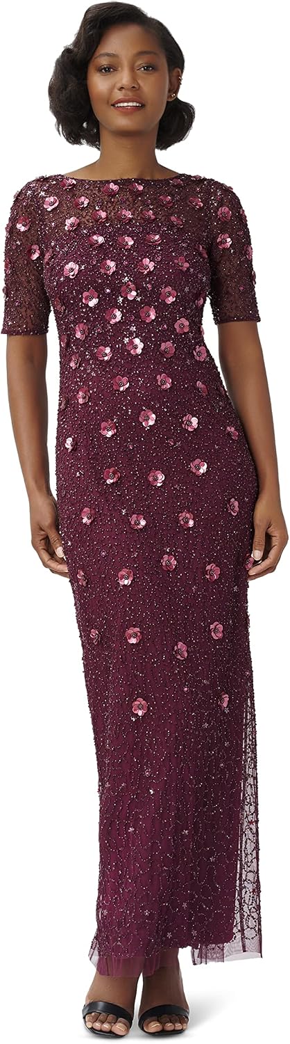 Beaded 3D floral long dress in [color] with romantic detailing, styled for wedding guest occasions — view 3