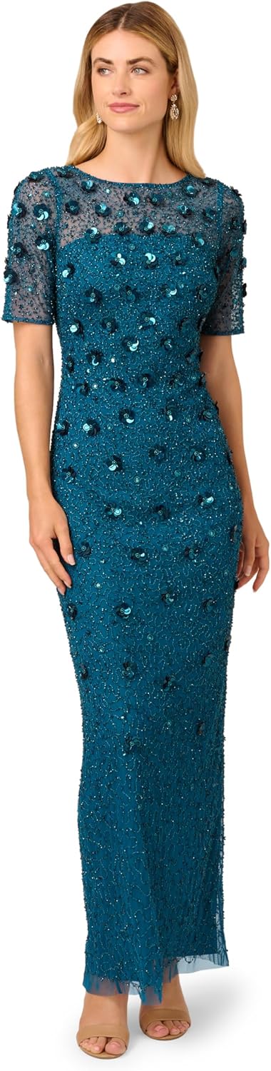 Beaded 3D floral long dress in [color] with romantic detailing, styled for wedding guest occasions — view 4
