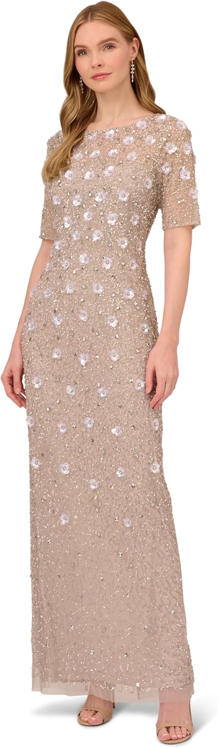 Beaded 3D floral long dress in [color] with romantic detailing, styled for wedding guest occasions — view 5