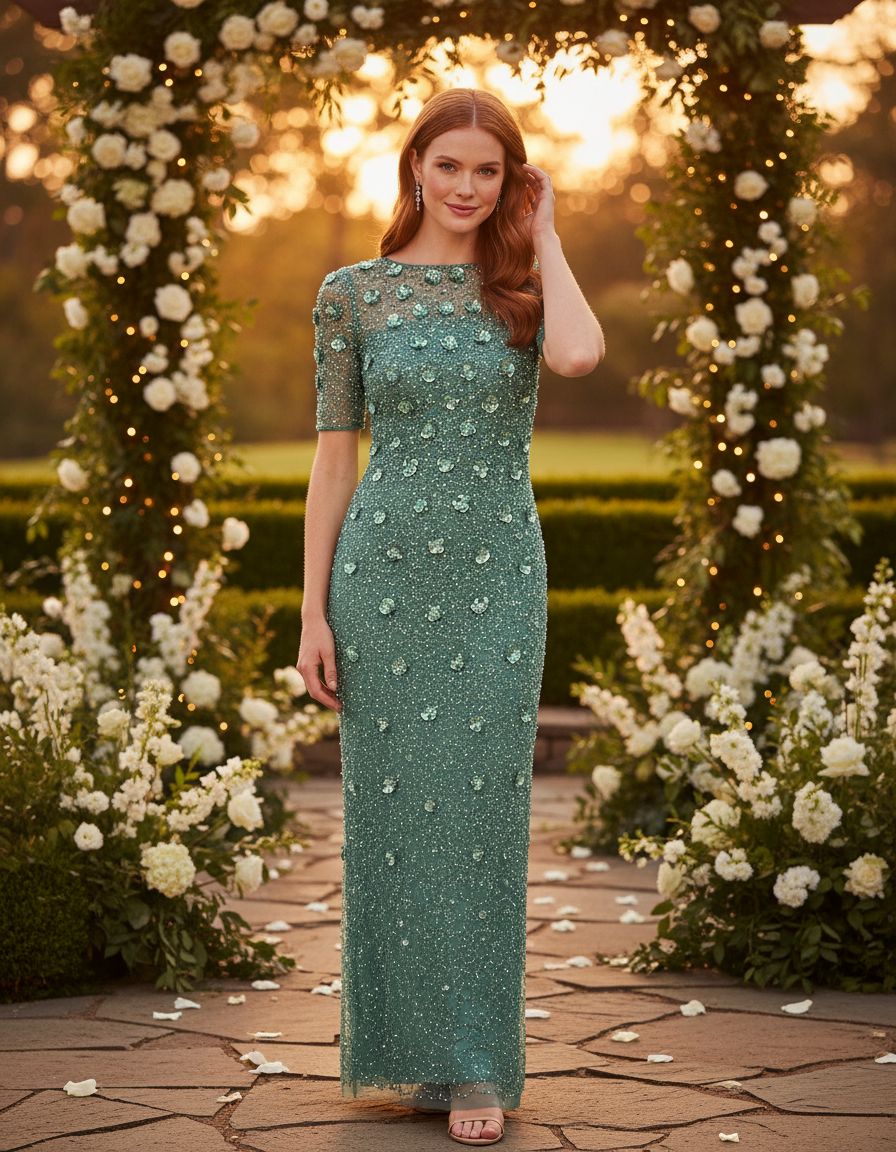 Beaded 3D floral long dress in [color] with romantic detailing, styled for wedding guest occasions — editorial hero