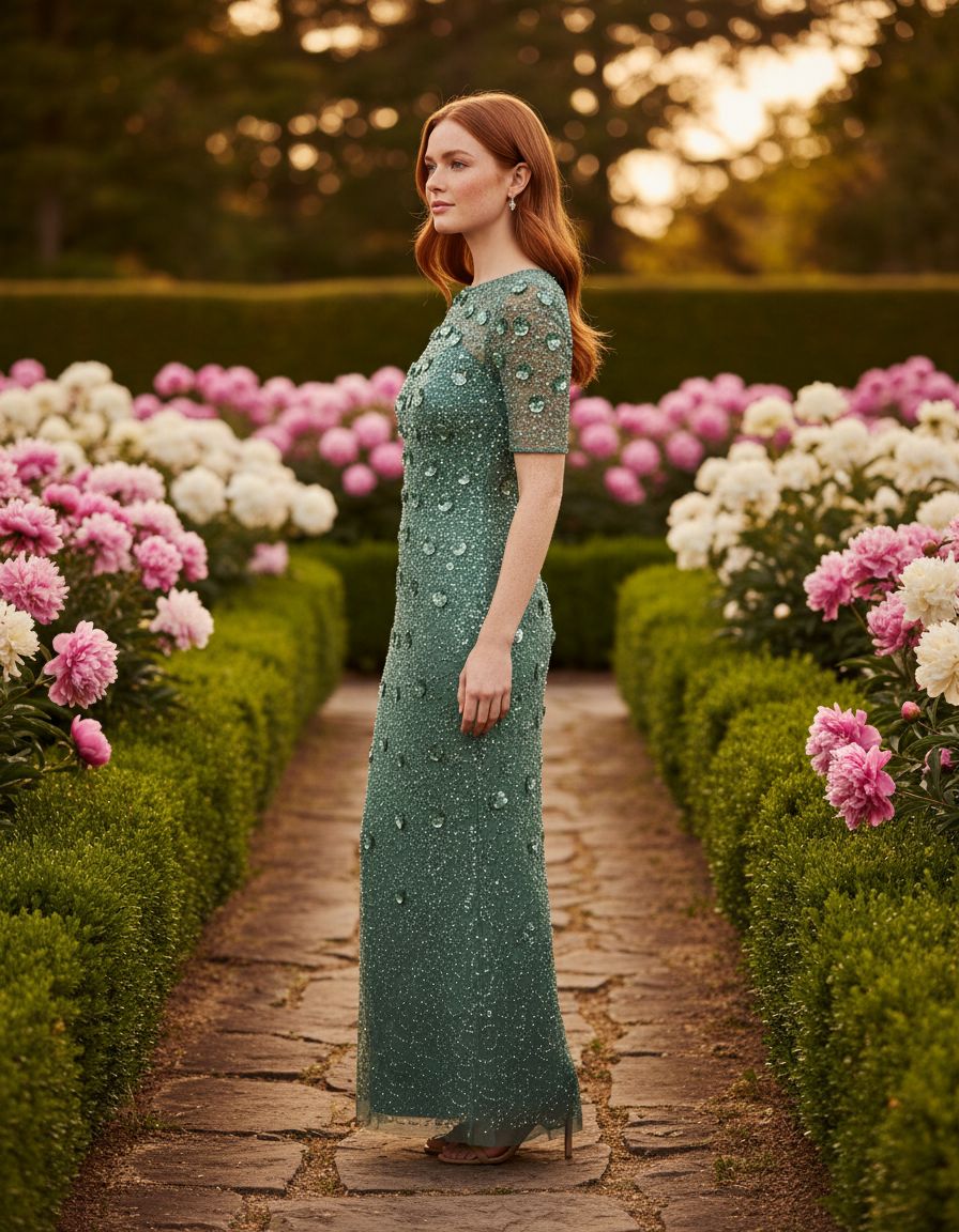 Beaded 3D floral long dress in [color] with romantic detailing, styled for wedding guest occasions — view 5b