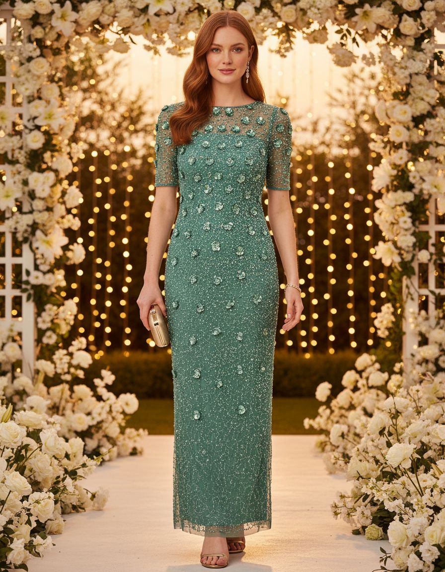 Beaded 3D floral long dress in [color] with romantic detailing, styled for wedding guest occasions — view 5a