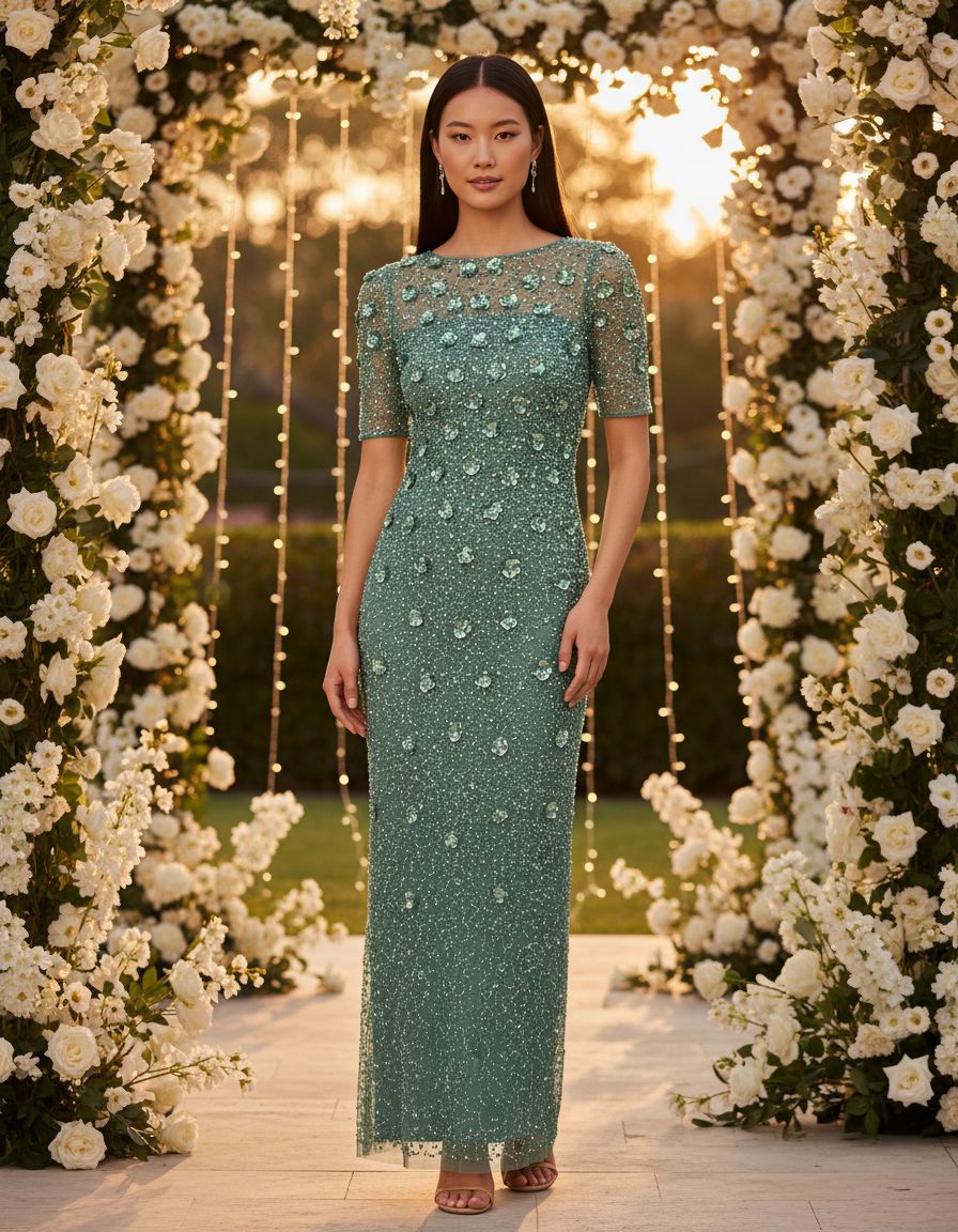 Beaded 3D floral long dress in [color] with romantic detailing, styled for wedding guest occasions — view 6