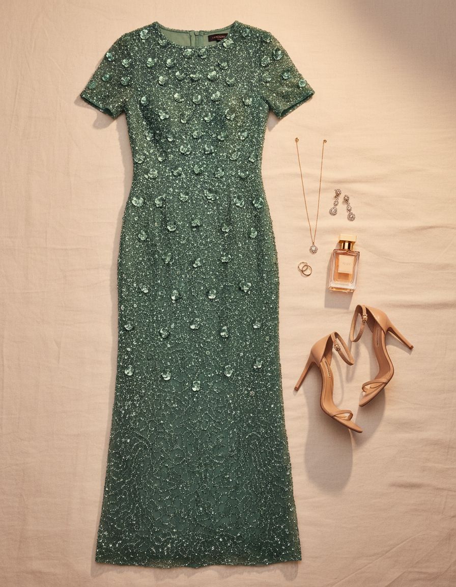 Beaded 3D floral long dress in [color] with romantic detailing, styled for wedding guest occasions — view 7a
