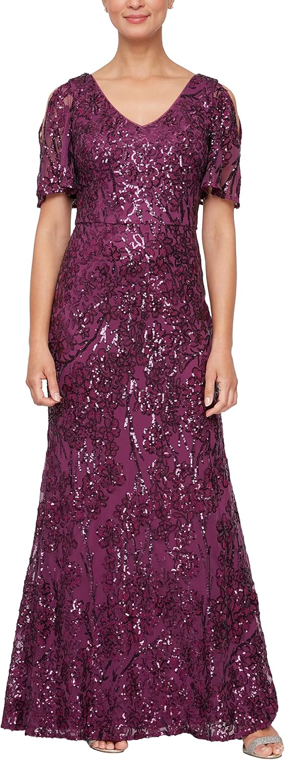 Sequin cold shoulder dress with flutter sleeves in [color], styled for wedding guest and formal event wear — view 1