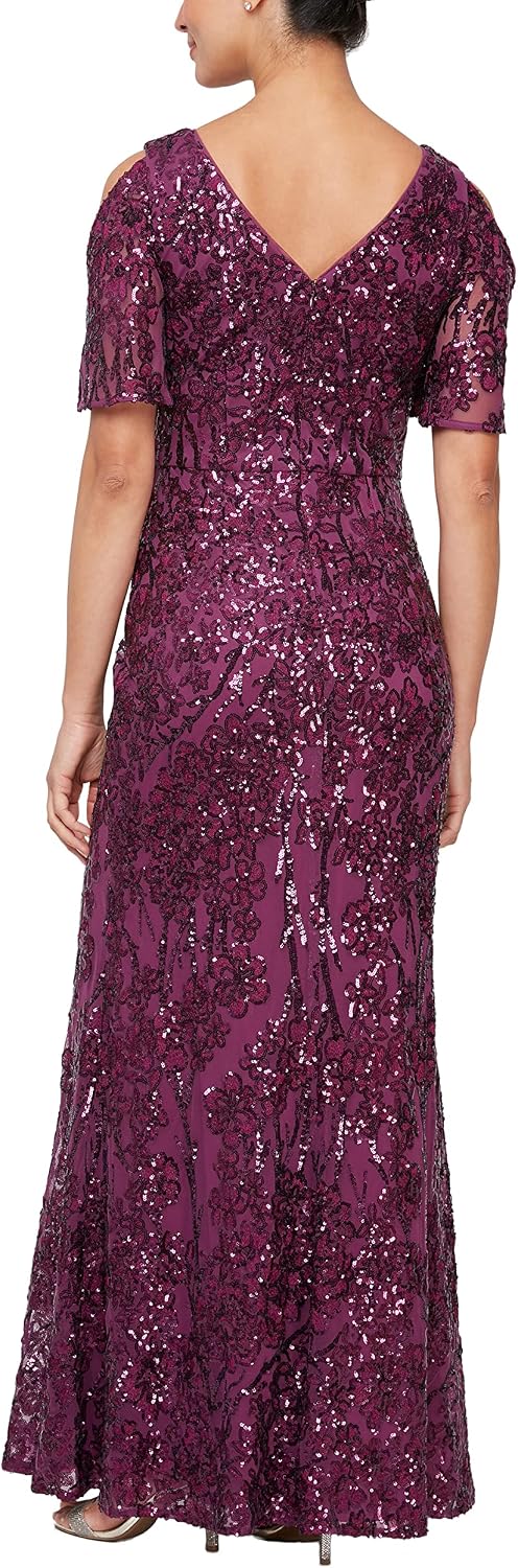 Sequin cold shoulder dress with flutter sleeves in [color], styled for wedding guest and formal event wear — view 2