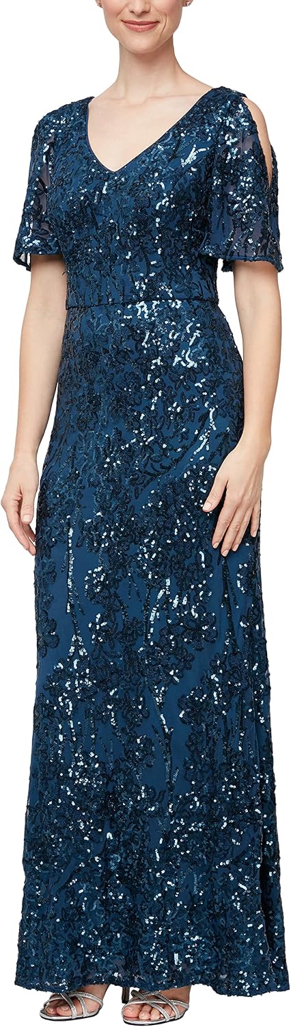 Sequin cold shoulder dress with flutter sleeves in [color], styled for wedding guest and formal event wear — view 3