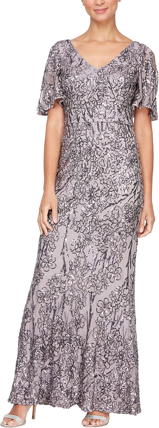 Sequin cold shoulder dress with flutter sleeves in [color], styled for wedding guest and formal event wear — view 4