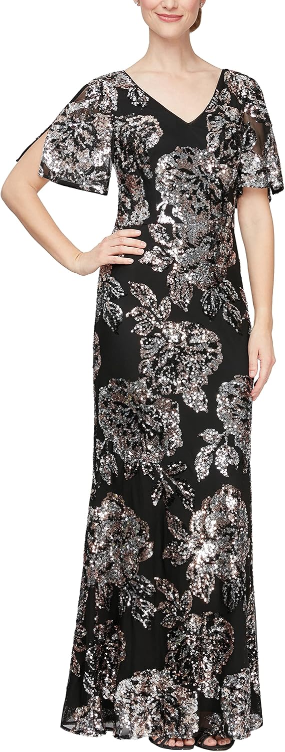 Sequin cold shoulder dress with flutter sleeves in [color], styled for wedding guest and formal event wear — view 5