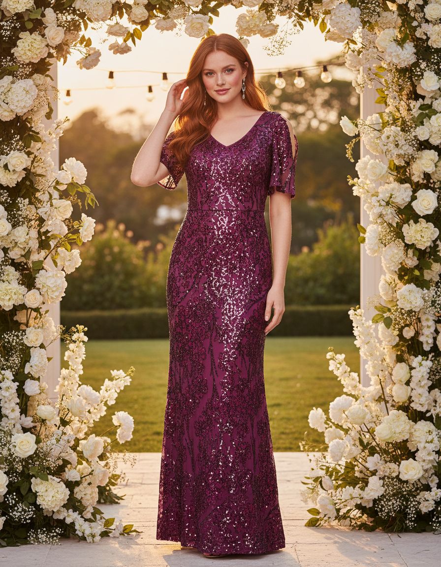 Sequin cold shoulder dress with flutter sleeves in [color], styled for wedding guest and formal event wear — editorial hero