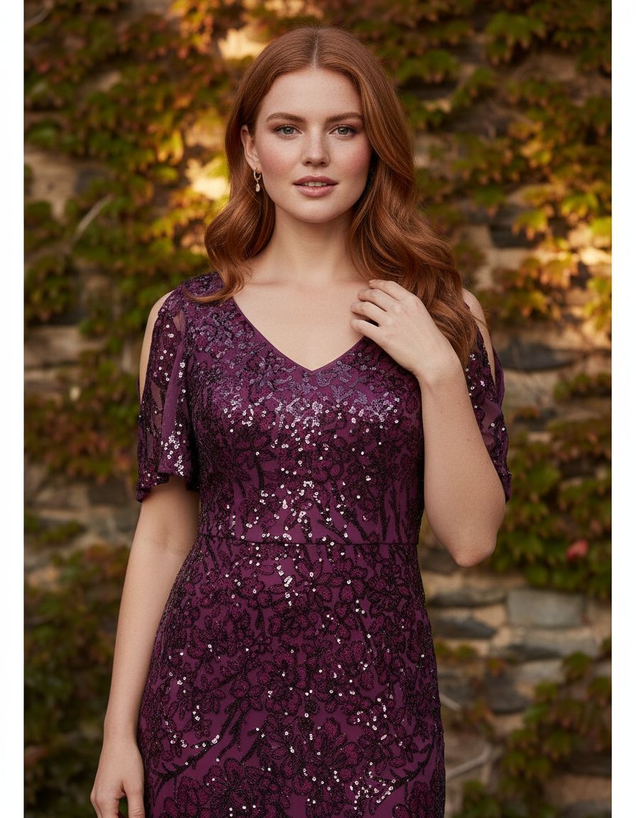 Sequin cold shoulder dress with flutter sleeves in [color], styled for wedding guest and formal event wear — view 7b