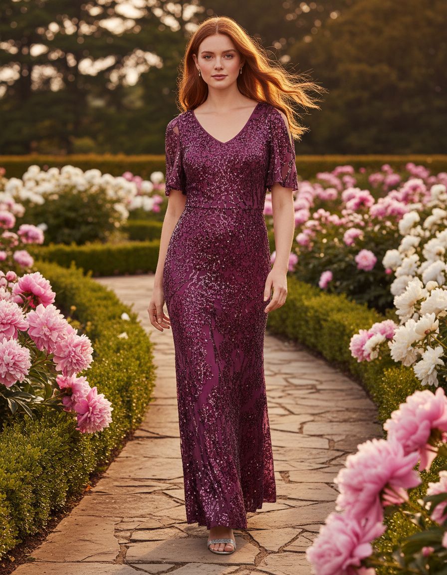 Sequin cold shoulder dress with flutter sleeves in [color], styled for wedding guest and formal event wear — view 3a