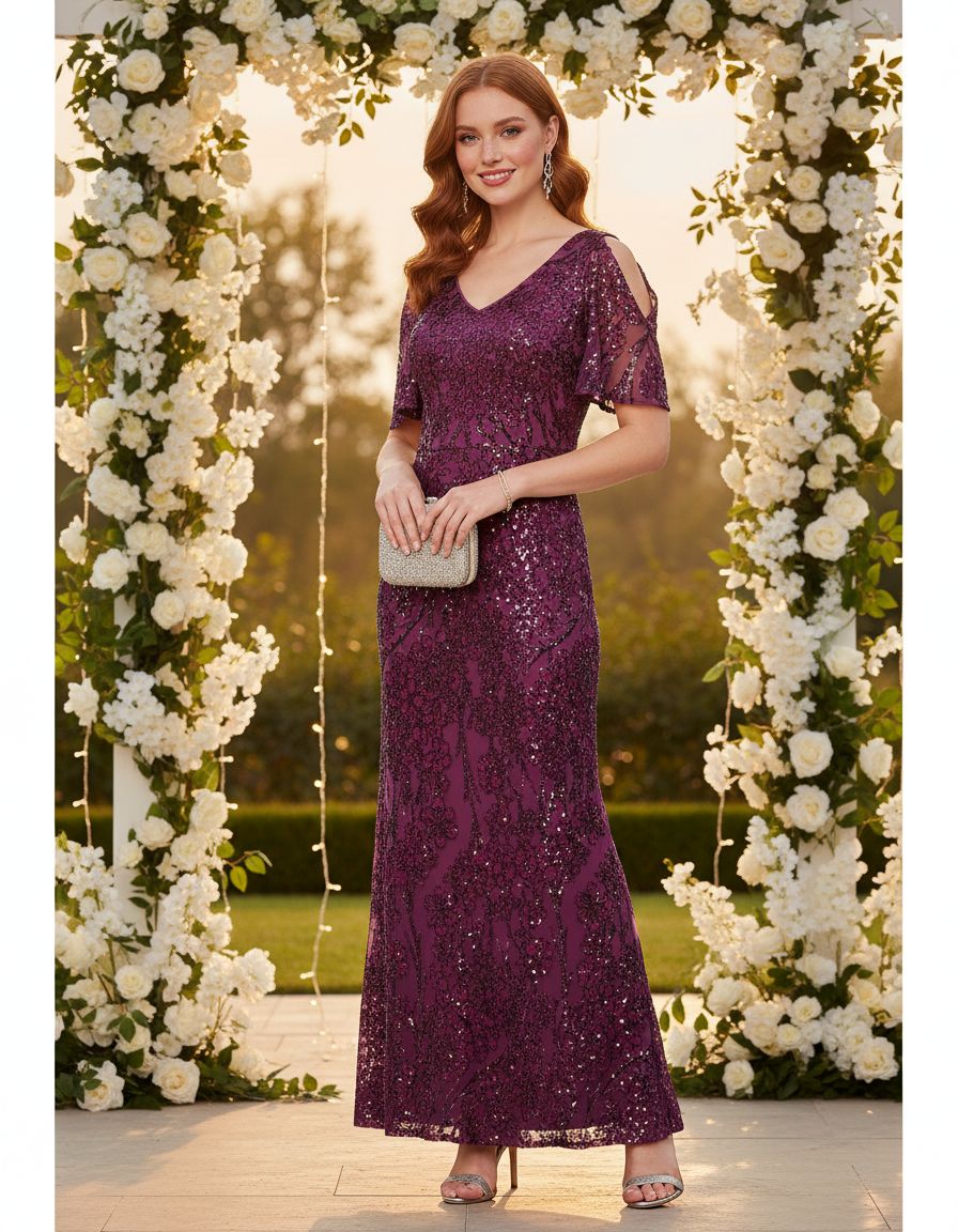 Sequin cold shoulder dress with flutter sleeves in [color], styled for wedding guest and formal event wear — view 5a
