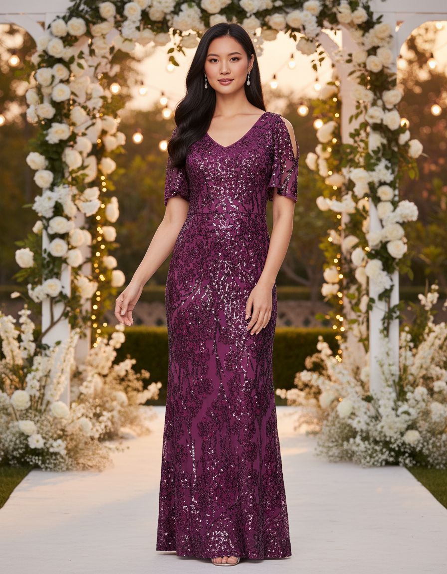 Sequin cold shoulder dress with flutter sleeves in [color], styled for wedding guest and formal event wear — view 6