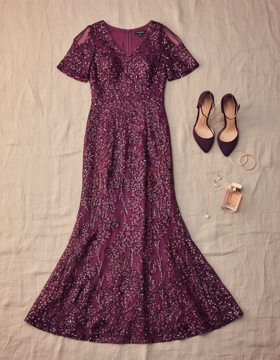 Sequin cold shoulder dress with flutter sleeves in [color], styled for wedding guest and formal event wear — view 7a